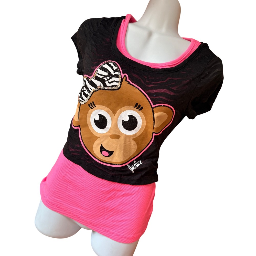 Y2K 2000s Mcbling Justice Girls Pink Black Monkey Graphic Layered Top Glitter
